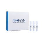 White box with blue side and "RE-FEYN WEIGHING MOLECULES WITH LIGHT" logo, next to three small white vials labeled "MassFere Storage Dilution fac MP-CO P1/102".