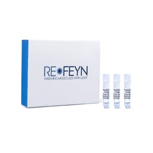 White box with blue side and "RE-FEYN WEIGHING MOLECULES WITH LIGHT" logo, next to three small white vials labeled "MassFere Storage Dilution fac MP-CO P1/102".