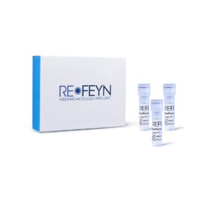 A white and blue box with the logo "RE-FEYN WEIGHING MOLECULES WITH LIGHT" sits next to three small, clear vials with blue caps.