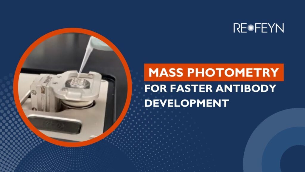 A close-up of a scientific instrument with a pipette dispensing liquid into a small well, framed by an orange circle. The text reads "MASS PHOTOMETRY FOR FASTER ANTIBODY DEVELOPMENT" and the logo "RE FEYN" is in the top right corner.