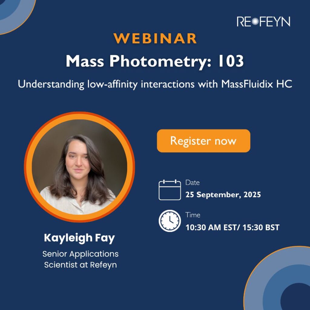 Webinar invitation for "Mass Photometry: 103 - Understanding low-affinity interactions with MassFluidix HC" by Kayleigh Fay, Senior Applications Scientist at Refeyn. Date: 25 September 2025, Time: 10:30 AM EST/ 15:30 BST. A "Register now" button is present.