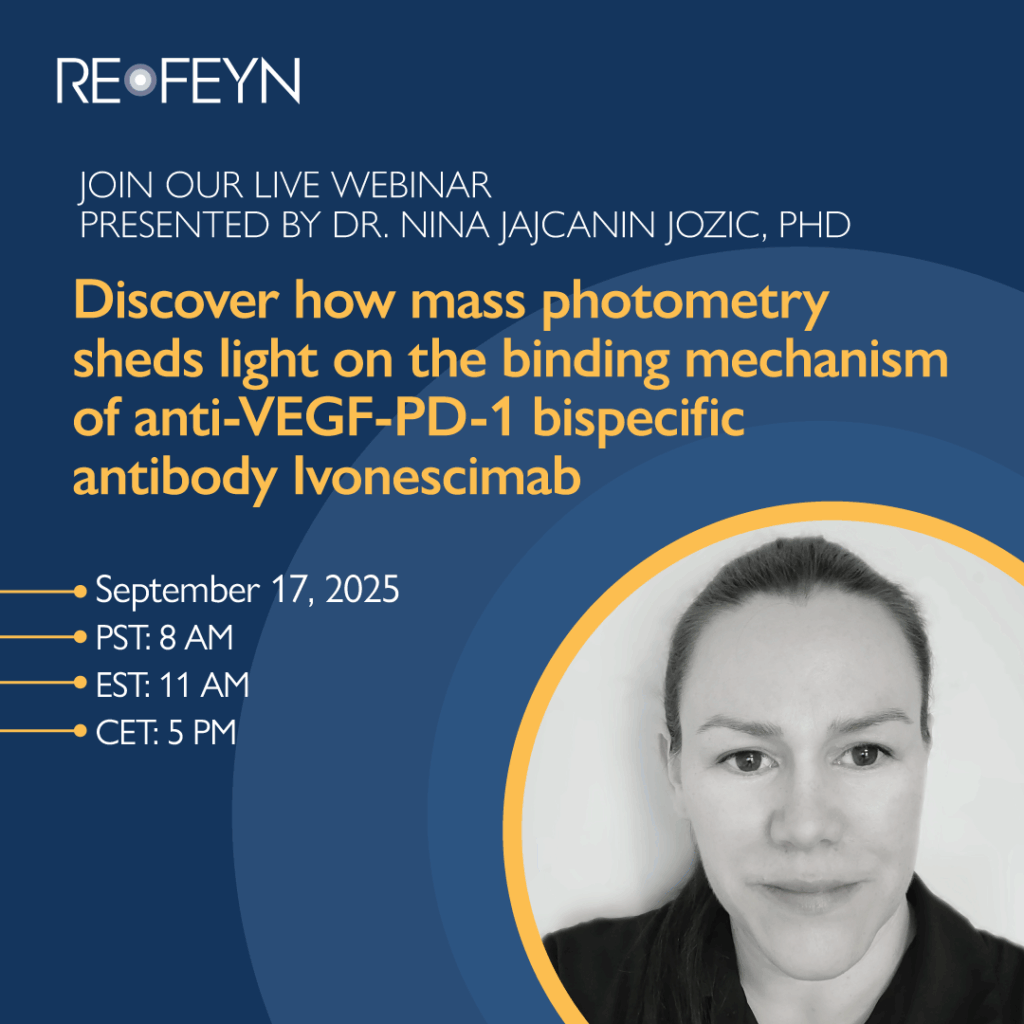 Webinar announcement for "Discover how mass photometry sheds light on the binding mechanism of anti-VEGF-PD-1 bispecific antibody Ivonescimab" presented by Dr. Nina Jajcanin Jozic, PhD, on September 17, 2025, at PST: 8 AM, EST: 11 AM, CET: 5 PM. The image features the ReFeyn logo and a black and white headshot of Dr. Nina Jajcan